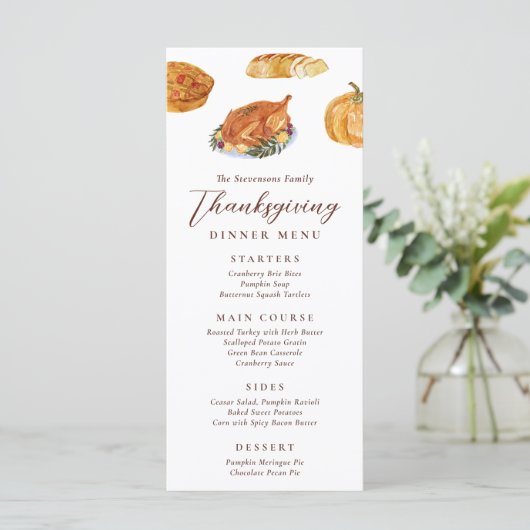 Thanksgiving Diner Turkije & Taart Waterverf Rusti Menu (Staand voorkant)