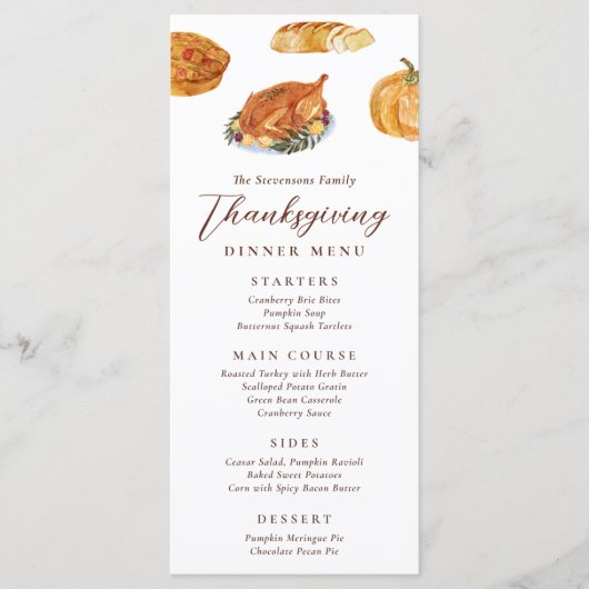 Thanksgiving Diner Turkije & Taart Waterverf Rusti Menu (Voorkant)