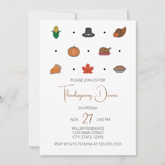 Thanksgiving Diner Uitnodiging met Herfst Icons (Voorkant)