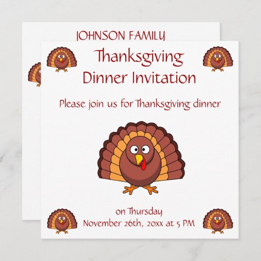 Thanksgiving diner uitnodigingen met grappig Turki (Voorkant / Achterkant)