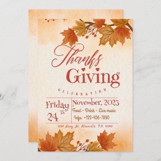 Thanksgiving Diner uitnodigingen sjabloon bewerkba (Voorkant / Achterkant)