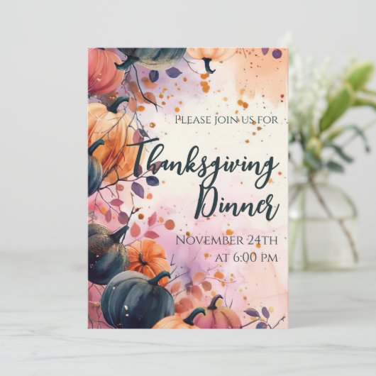 Thanksgiving Diner Waterverf Pompoen Uitnodiging (Staand voorkant)