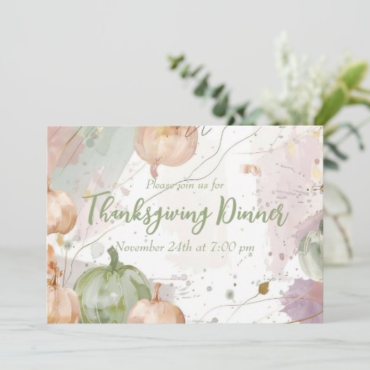 Thanksgiving Diner Waterverf Pompoen Uitnodiging (Staand voorkant)