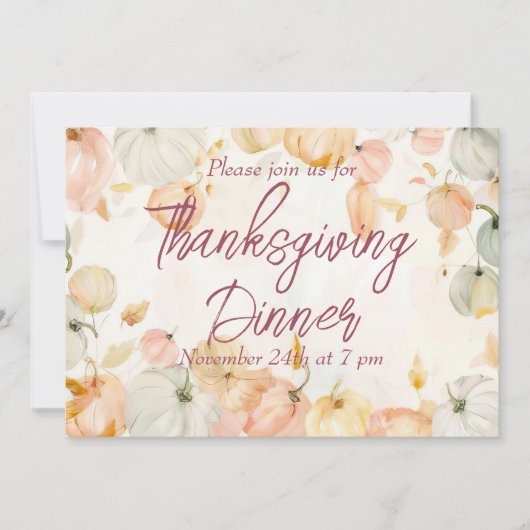Thanksgiving Diner Waterverf Pompoen Uitnodiging (Voorkant)