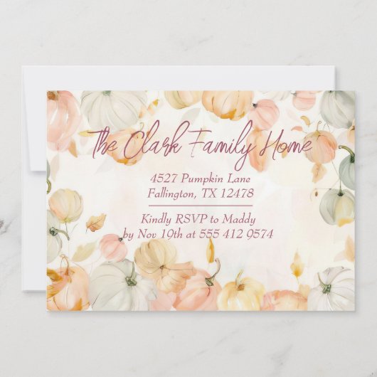 Thanksgiving Diner Waterverf Pompoen Uitnodiging (Achterkant)