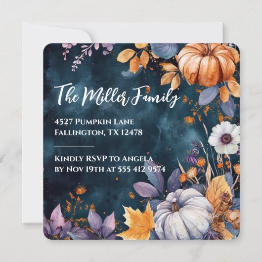 Thanksgiving Diner Waterverf Pompoenen Uitnodiging (Achterkant)