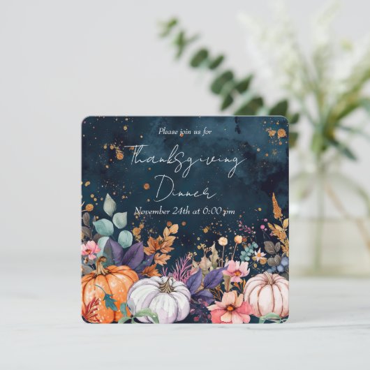Thanksgiving Diner Waterverf Pompoenen Uitnodiging (Staand voorkant)