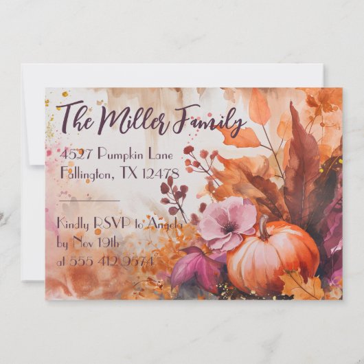 Thanksgiving Diner Waterverf Pompoenen Uitnodiging (Achterkant)