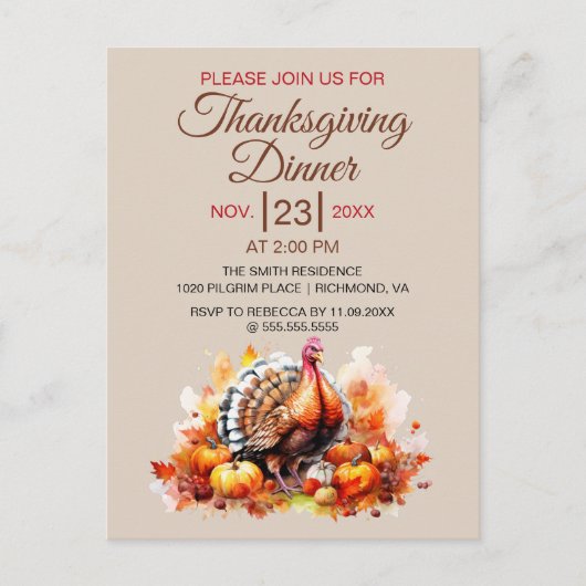 Thanksgiving Diner Waterverf Turkije Uitnodiging (Voorkant)