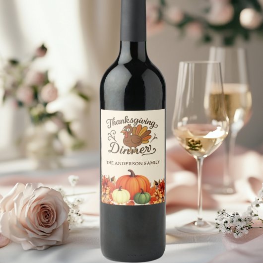 Thanksgiving dinerkalkoen pompoenen wijn etiket