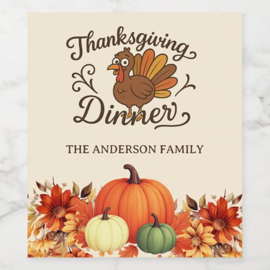 Thanksgiving dinerkalkoen pompoenen wijn etiket (Enkel label)