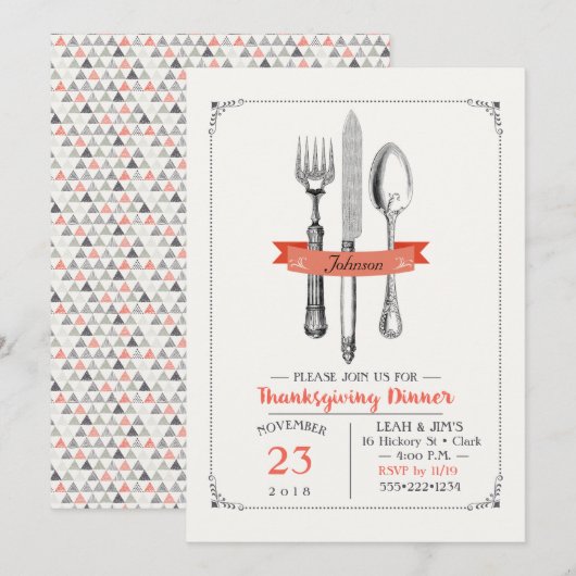 Thanksgiving Dinner Bestek Perzik Grijs Kaart (Voorkant / Achterkant)