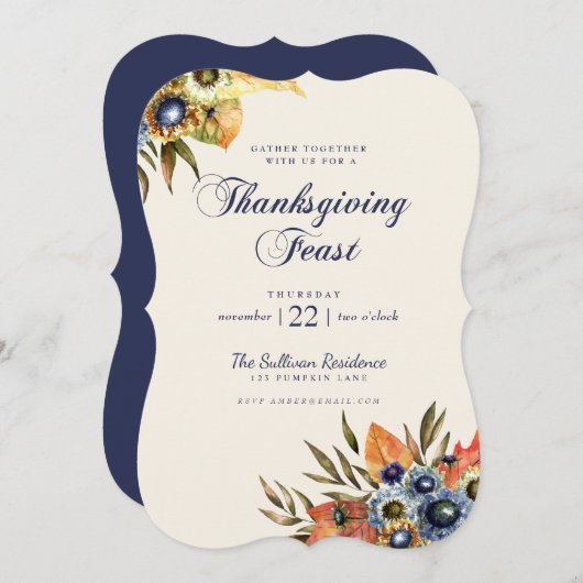 Thanksgiving Dinner Feast Invitation Floral Navy Kaart (Voorkant / Achterkant)