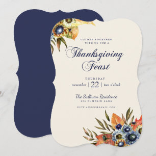 Thanksgiving Dinner Feast Invitation Floral Navy Kaart
