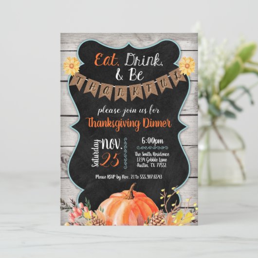 Thanksgiving Dinner Invitation Burlap Chalkboard Kaart (Staand voorkant)