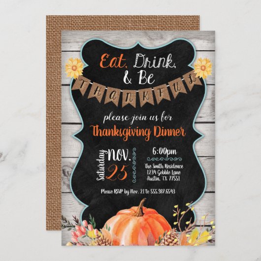 Thanksgiving Dinner Invitation Burlap Chalkboard Kaart (Voorkant / Achterkant)