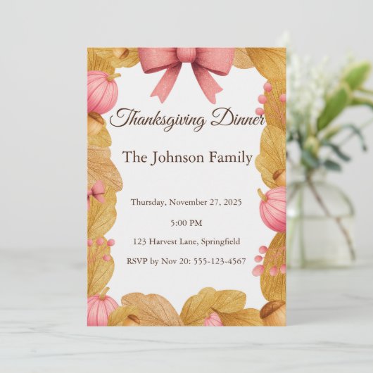 Thanksgiving Dinner Invitation met Herfstkrans Kaart (Staand voorkant)