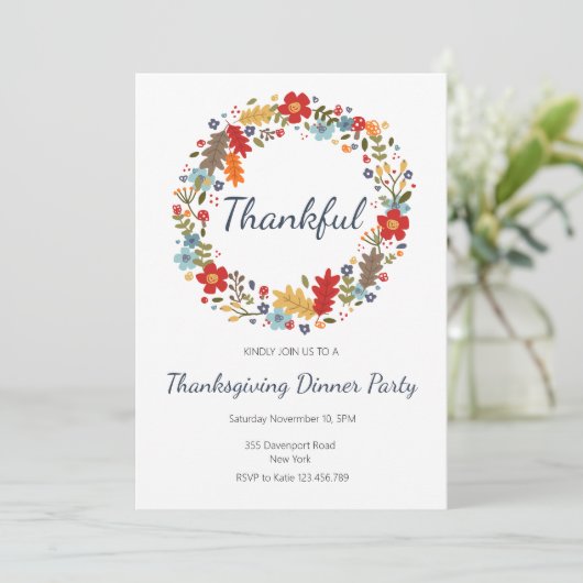 Thanksgiving Dinner Invitation Thankful Wreath Kaart (Staand voorkant)