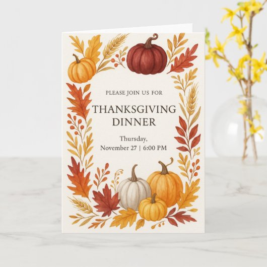 Thanksgiving Dinner Invitation Watercolor Pumpkins Kaart (Gele Bloem)