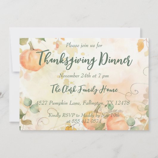 Thanksgiving Dinner Invitation Waterverf Pompoen Kaart (Voorkant)