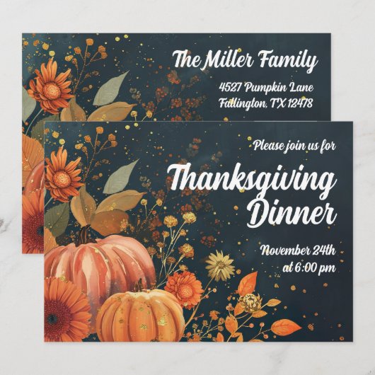 Thanksgiving Dinner Invitation Waterverf Pompoenen Kaart (Voorkant / Achterkant)