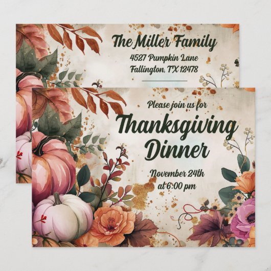 Thanksgiving Dinner Invitation Waterverf Pompoenen Kaart (Voorkant / Achterkant)
