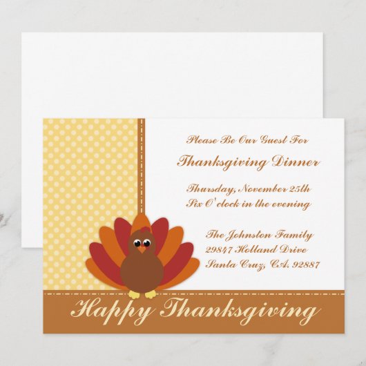 Thanksgiving Dinner Invitations Cute Turkey Kaart (Voorkant / Achterkant)