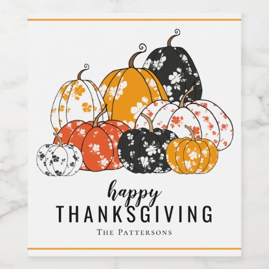 Thanksgiving Dinner Modern Floral Pumpkins Wijn Etiket (Enkel label)