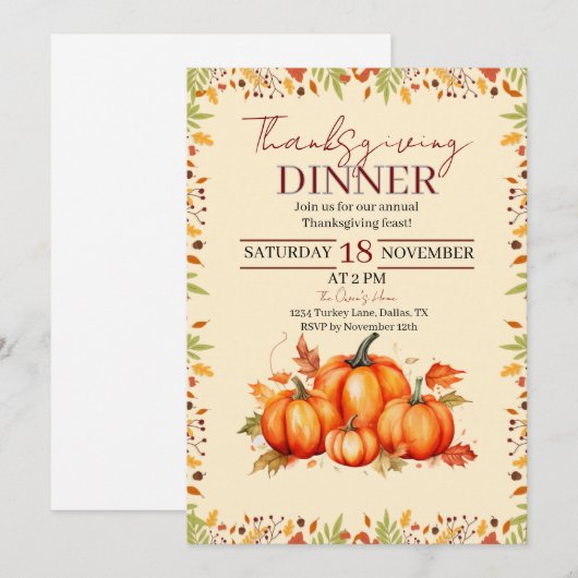 Thanksgiving Dinner Partie Kaart (Voorkant / Achterkant)