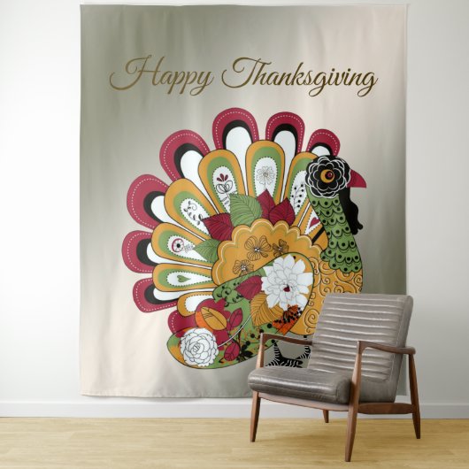 Thanksgiving Dinner Party Colorful Floral Turkey Wandkleed (In situ)