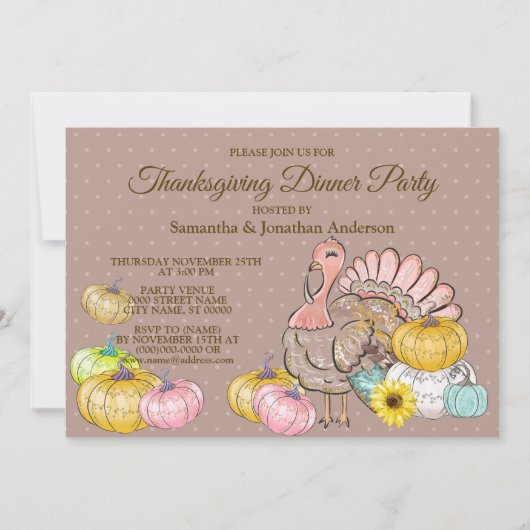 Thanksgiving Dinner Party Kalkoen Pompoenen Roze B Kaart (Voorkant)