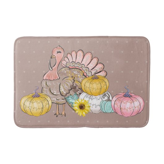 Thanksgiving Dinner Party Turkey Pumpkins Pink Tan Badmat (Voorkant)