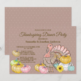 Thanksgiving Dinner Party Turkey Pumpkins Pink Tan Kaart