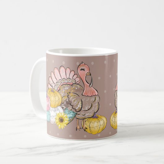 Thanksgiving Dinner Party Turkey Pumpkins Pink Tan Koffiemok (Voorkant links)