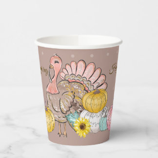 Thanksgiving Dinner Party Turkey Pumpkins Pink Tan Papieren Bekers