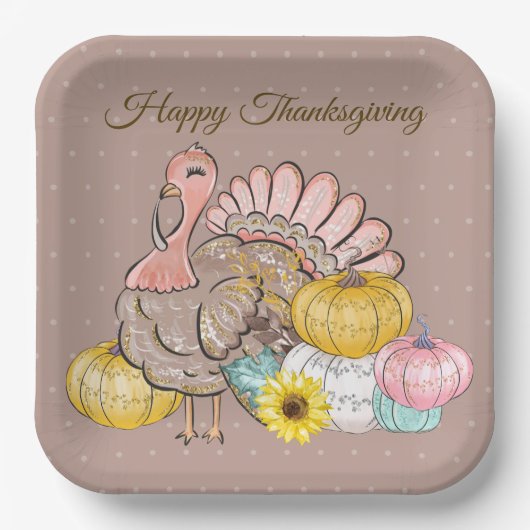 Thanksgiving Dinner Party Turkey Pumpkins Pink Tan Papieren Bordje (Voorkant)