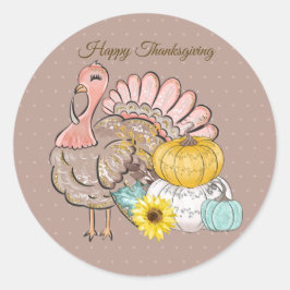 Thanksgiving Dinner Party Turkey Pumpkins Pink Tan Ronde Sticker