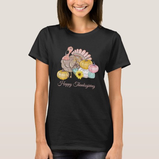 Thanksgiving Dinner Party Turkey Pumpkins Pink Tan T-shirt (Voorkant)