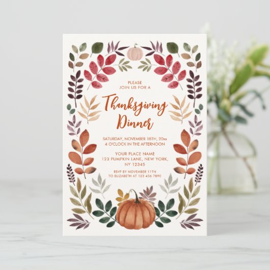 Thanksgiving Dinner Pumpkin & Autumn Leaves Kaart (Staand voorkant)