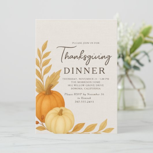 Thanksgiving Dinner Pumpkin Rustic Linen Kaart (Staand voorkant)