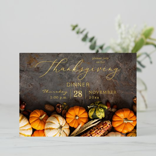 Thanksgiving Dinner Pumpkins Folie Uitnodiging (Staand Voorkant)