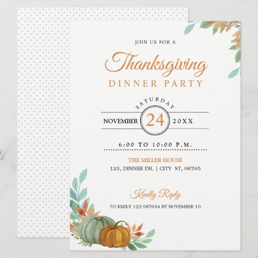 Thanksgiving Dinner Pumpkins Invitation Card Kaart (Voorkant / Achterkant)