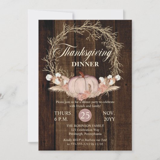 Thanksgiving Dinner Rustic Pumpkin Pampas Wreath Kaart (Voorkant)