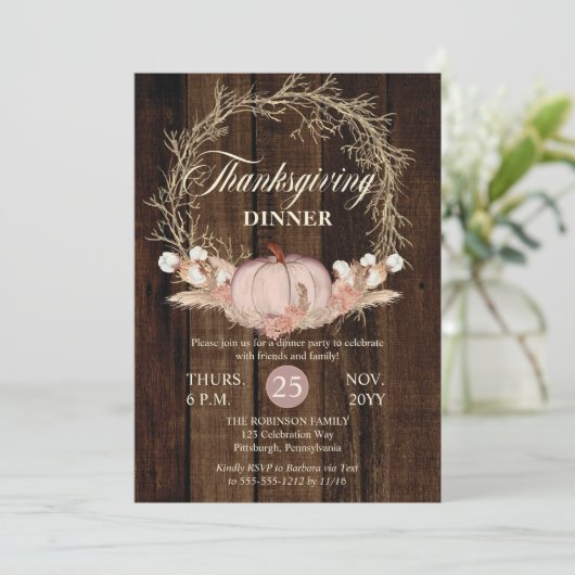 Thanksgiving Dinner Rustic Pumpkin Pampas Wreath Kaart (Staand voorkant)