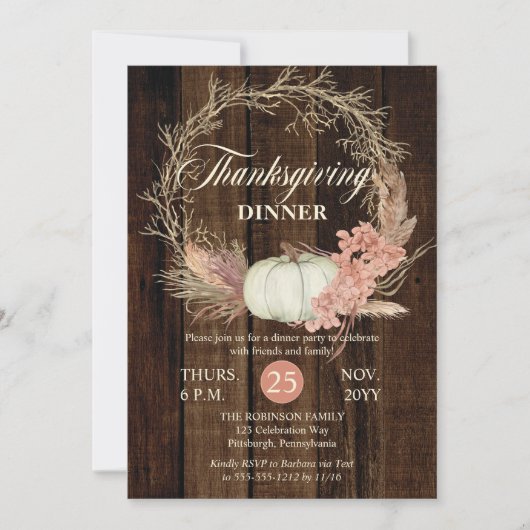 Thanksgiving Dinner Rustic Pumpkin Pampas Wreath Kaart (Voorkant)