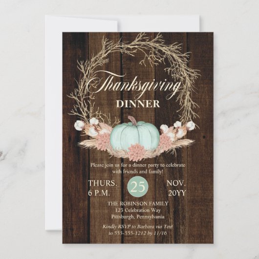 Thanksgiving Dinner Rustic Pumpkin Pampas Wreath Kaart (Voorkant)