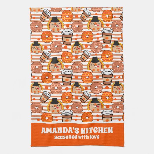 Thanksgiving donuts en koffie Herfst Oranje strepe Theedoek (Verticaal)
