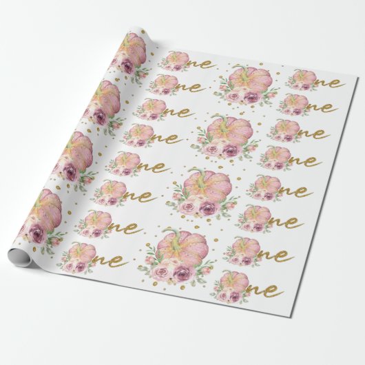 Thanksgiving Eerste Verjaardags Pompoen Roze Cadeaupapier (Uitgerold)