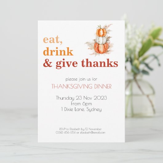 Thanksgiving Eet, Drink & Geef Bedankt Uitnodiging (Staand voorkant)