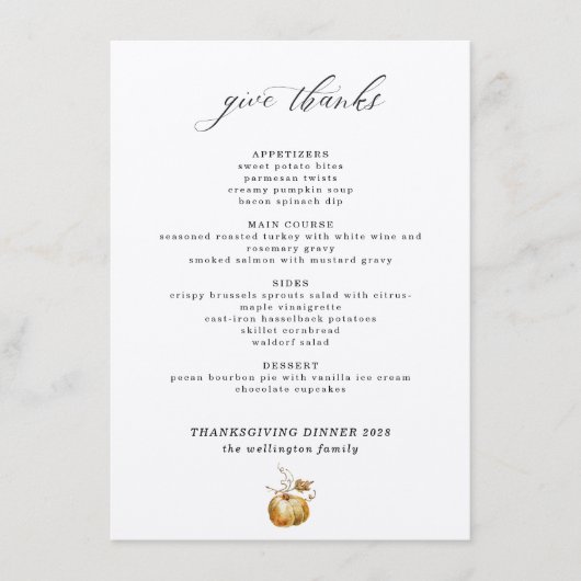 Thanksgiving Elegant Waterverf Pumpkin Script Menu (Voorkant)
